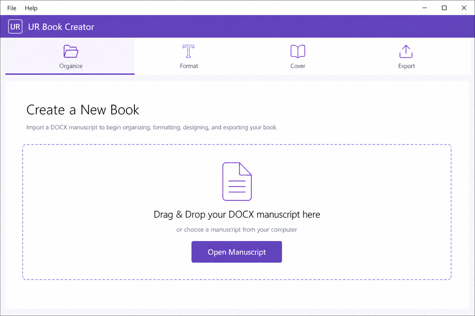 UR Book Creator development start screen showing the Organize, Format, Cover, and Export workflow