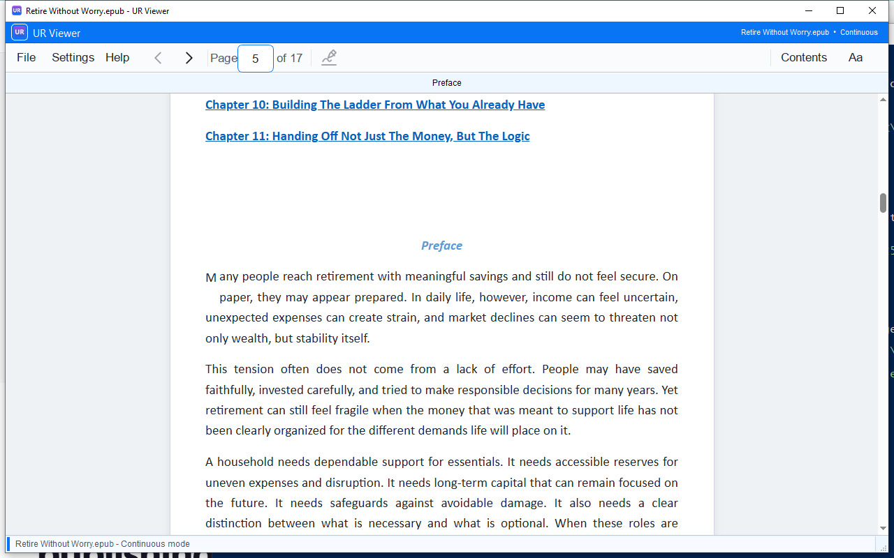 UR Viewer displaying an interior page of the Celorico EPUB Retire Without Worry