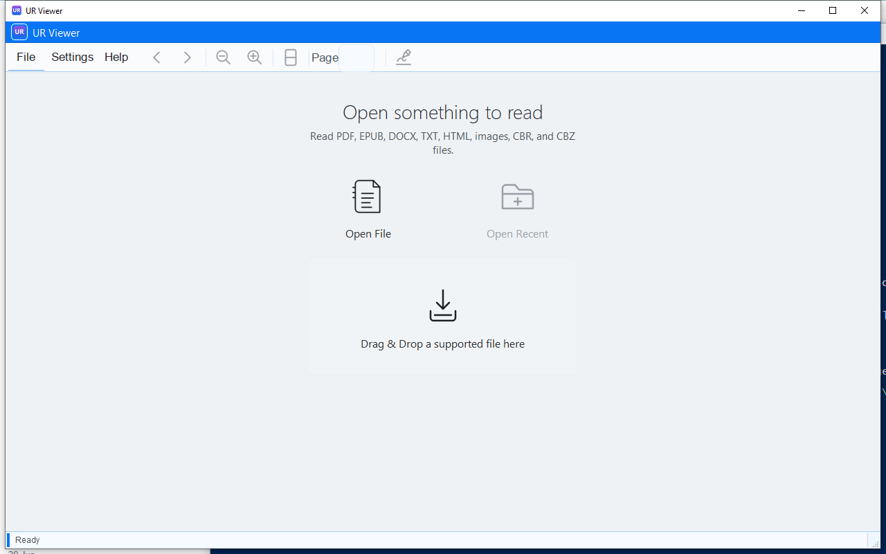 UR Viewer current launch page with Open File, Open Recent, and drag-and-drop controls